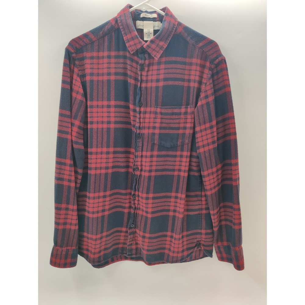 HM LOGG Mens Medium Red Navy Blue Plaid Flannel Button Down Shirt Regular Fit